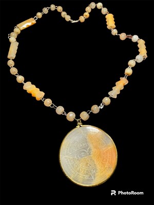 Vintage Boho style Aztec  Sun Pendant necklace   hand carved Agate stone Orange 
