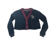 Tommy Hilfiger Cropped Cardigan Womens Small Navy Burgundy Button Fuzzy Sweater
