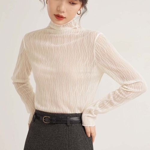 See Through Mesh Lace Top Ruffle High Collar Pullover Women