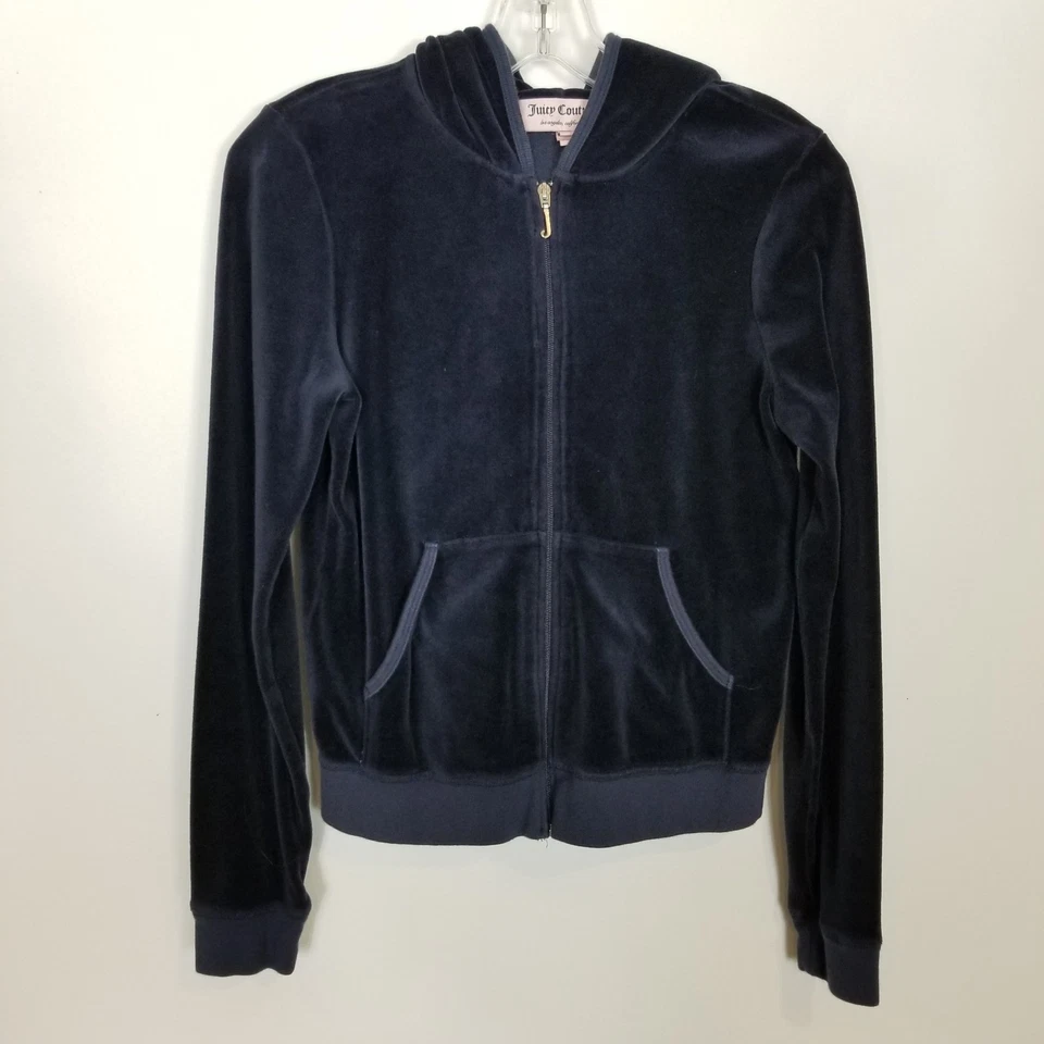 Juicy Couture Velvet Track Full Zip Hooded Jacket Sz L Blue Y2K Back Logo - Image 2 of 4