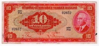 Turkey 10 Lira Banknote P147 Ataturk Red Issue Turkish 1947 Low Serial Number