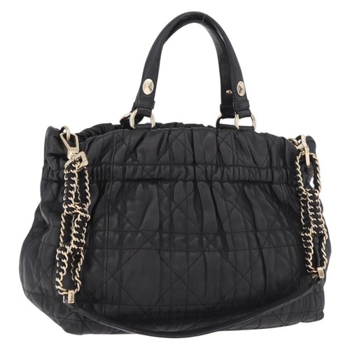 Christian Dior Lady Dior Hand Bag Leather 2way Black Gold Auth 183380