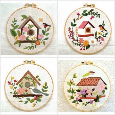 4 Embroidery Kits, BIRDS with BIRDHOUSES - Stamped Fabric Needle Thread in Each