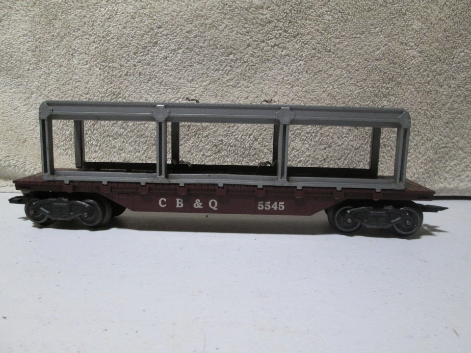 3) MARX Cars CB&Q Auto Carrier, B&O Box car & Erie Log Dump Car O Gauge 1959? - Image 2 of 4