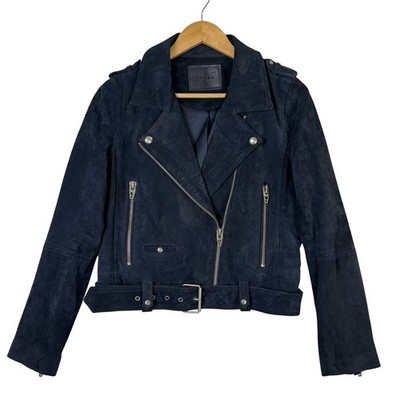 BLANK NYC Navy 100% Suede Leather Moto Jacket Women s Medium Short Belt Zipper