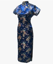 Cheongsam Blue Dragon Phoenix Rayon Brocade S/M Chinese Traditional Dress Long