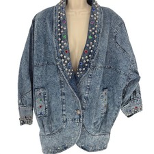 Vintage 80s Acid Wash Denim Jacket Studded Gemstone Oversized Blue Womens Medium