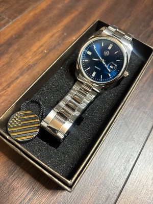 AJ Mens Blue Dial Stainless Steel Wrist Watch