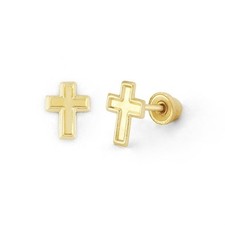 14K Gold Cross Screw back Stud Earrings, Girls Women , religious , unisex 1967SB