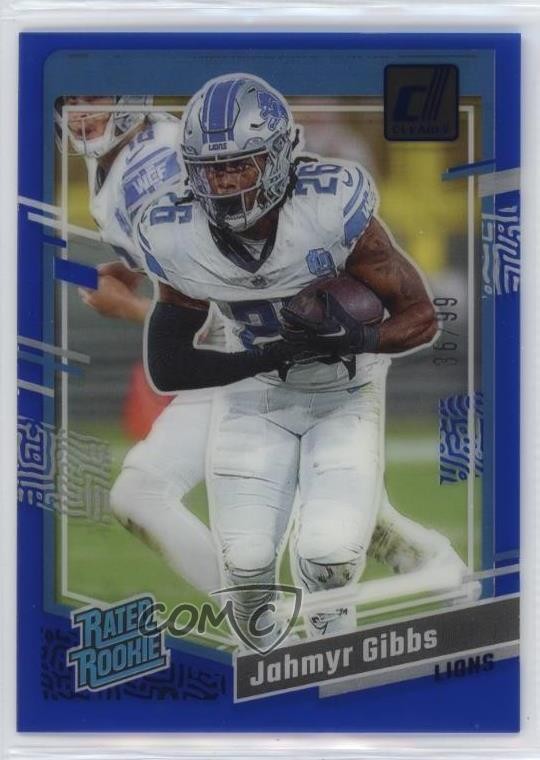 2023 Panini Clearly Donruss Rated Rookie Blue 36/99 Jahmyr Gibbs #62 12d4