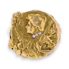 FRENCH ART NOUVEAU MAIDEN IRIS FLOWER DIAMOND RING 14K YELLOW GOLD SIZE 6.5