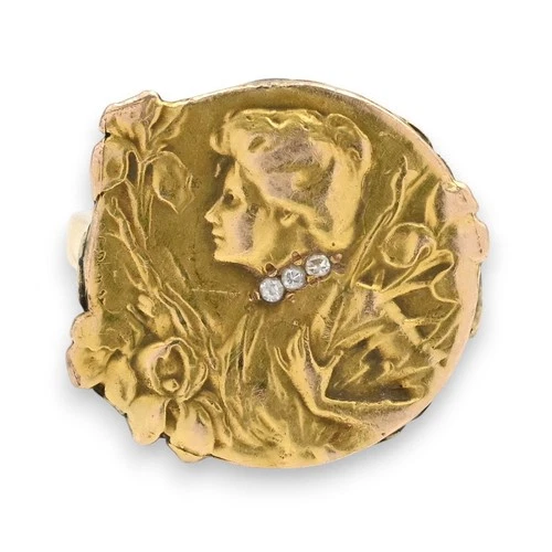 FRENCH ART NOUVEAU MAIDEN IRIS FLOWER DIAMOND RING 14K YELLOW GOLD SIZE 6.5