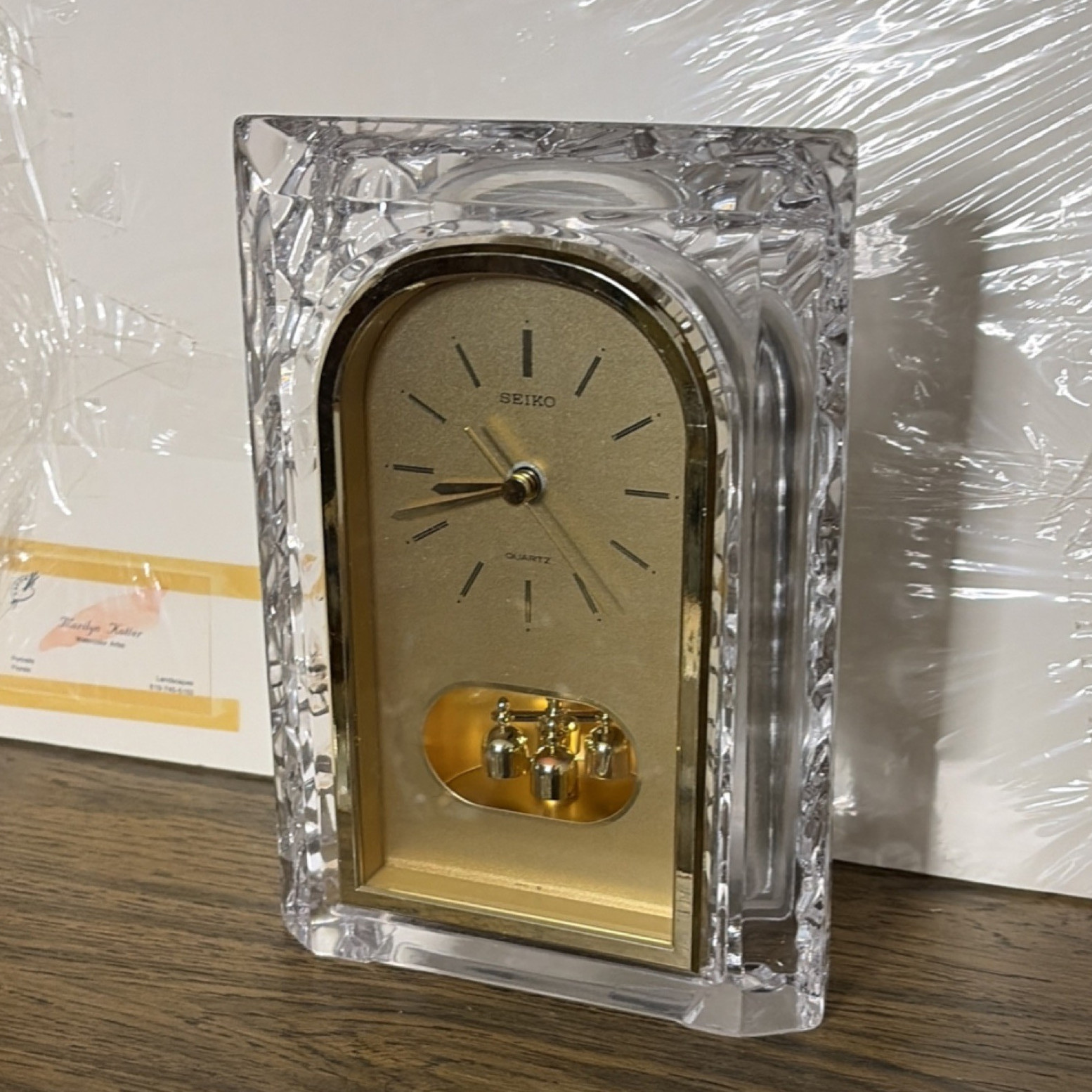 Seiko Gold Glass Desk Clock Quartz Analog Battery Rectangle 