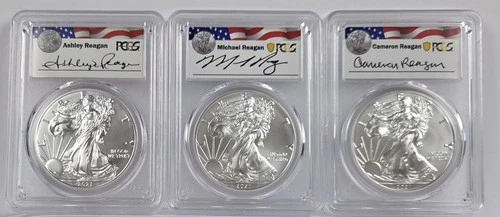2021 (W) (P) (S) 3 coin set PCGS MS70 Silver Eagles Reagan's First Day of Issue
