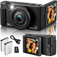 Digital Camera 32GB 5K 80MP 18X Zoom 270 Flip Screen Dual Lens Black True Selfie