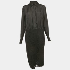 Valentino Black Lace and Satin Long Sleeve Midi Dress L
