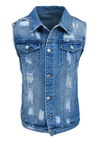 Smanicato Jeans uomo Diamond Giubbotto Cardigan gilet blu denim con strappi  | eBay