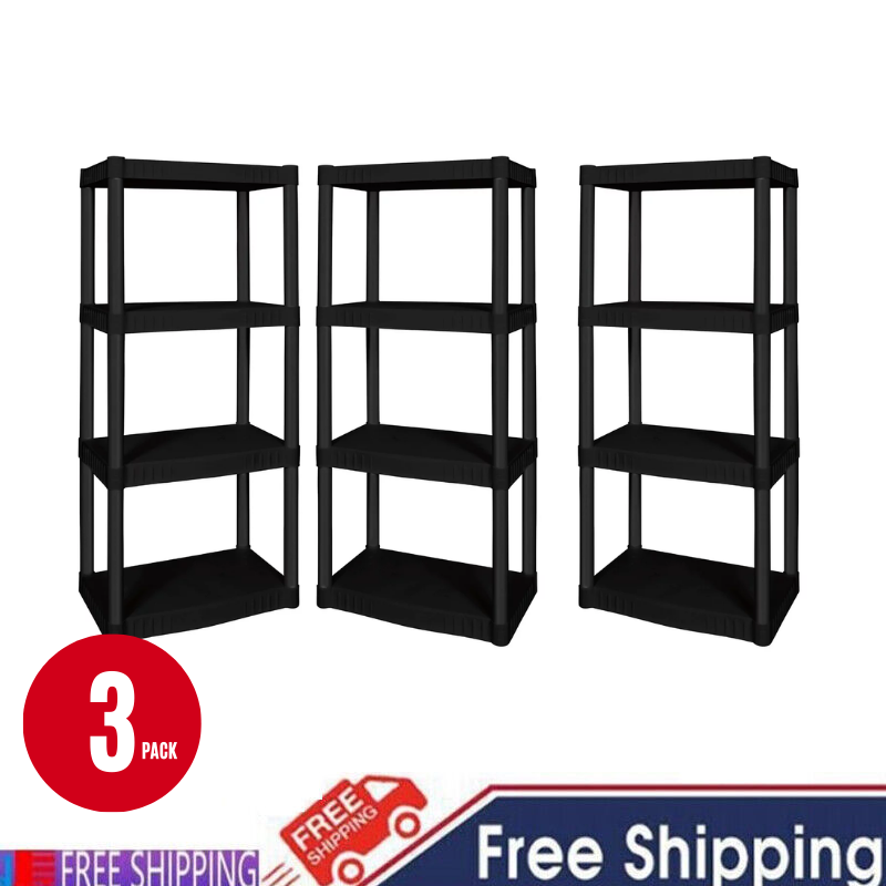 3 Count 4Shelf Plastic Garage Shelves Unit Storage Shelf Rack Shelving Black US eBay