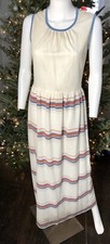 Vintage 60s Women's Medium Sleeveless Linen Long Maxi Dress Linen Striped READ
