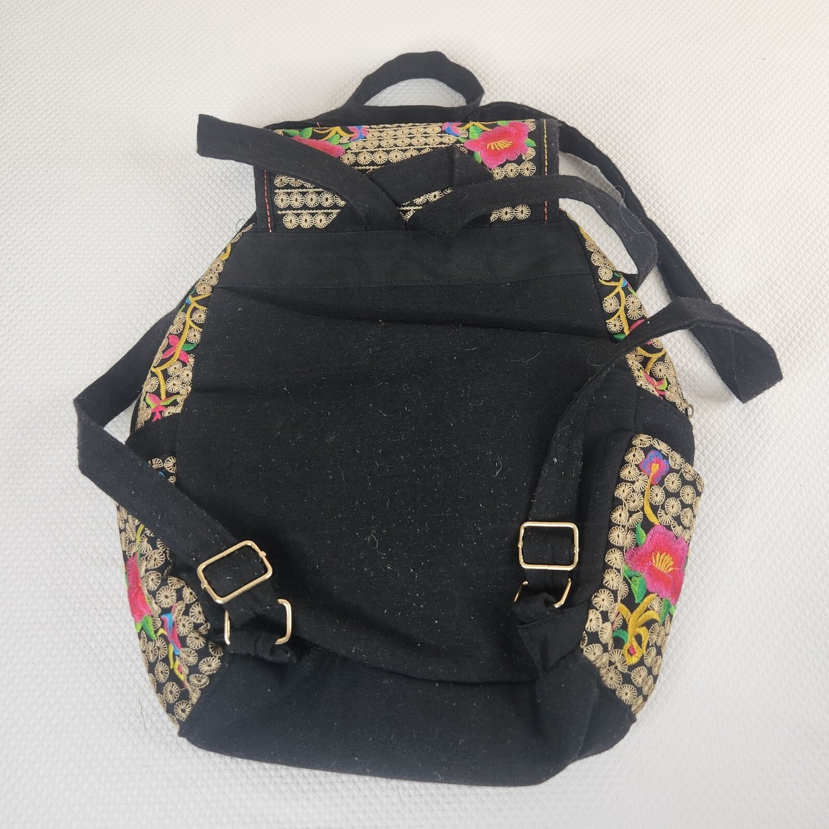 Black Embroidered Mexican Backpack Bag Pink Flowers Travel  display picture 3