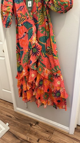 NWT FARM Rio Coral Mixed Graphic Macaws Puff Sleeve Ruffle Hem Wrap Dress Size S - Picture 6 of 8