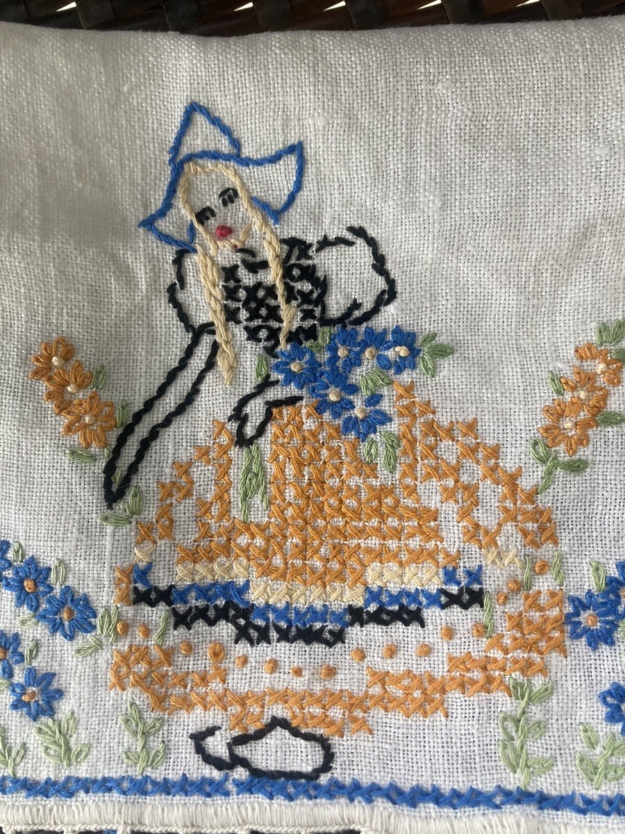 vintage embroidered dresser scarves Vintage Embroidered Dresser Scarves Cross Stitch Lady Flowers Cottage Lot  of 2