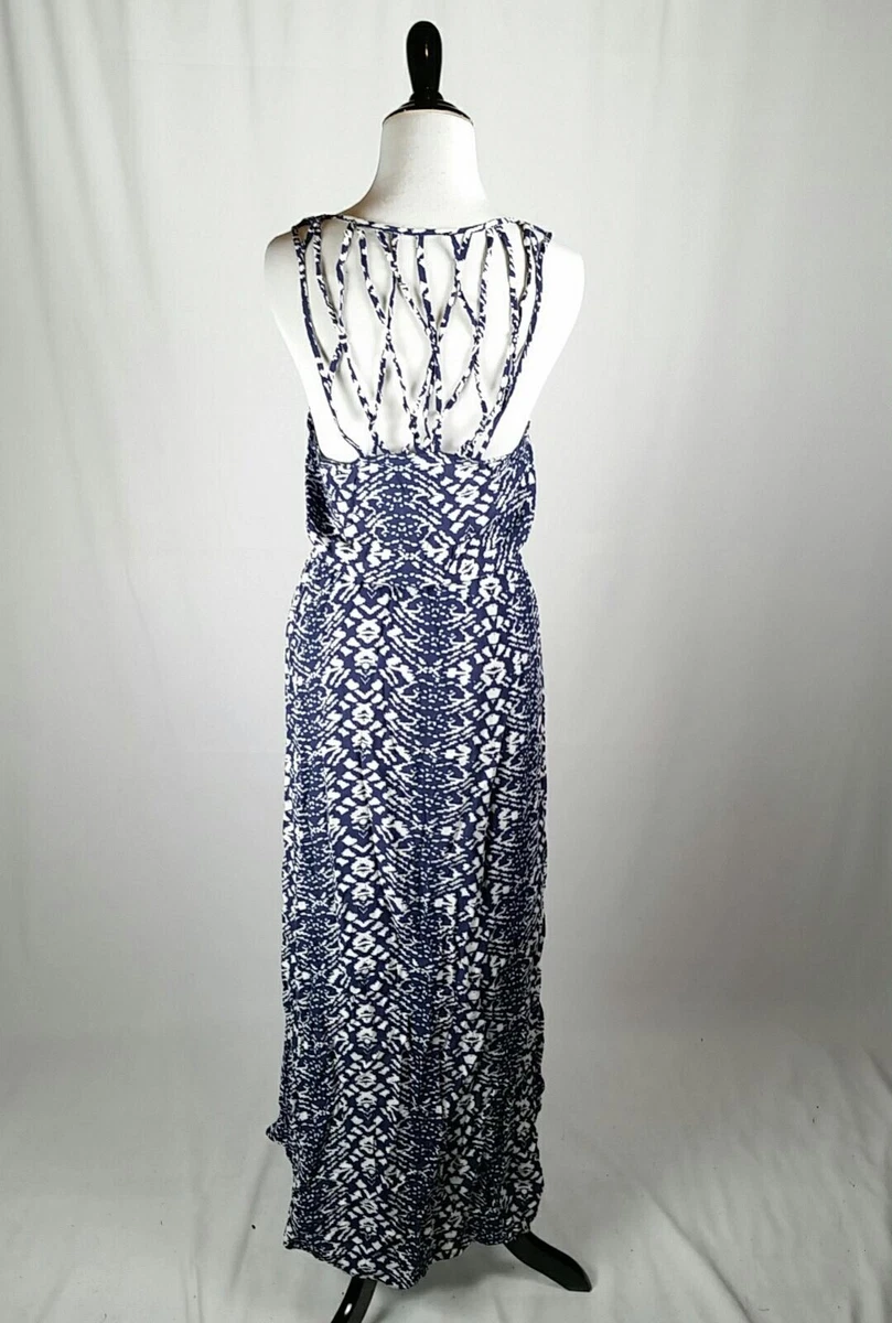 Bobeau Maxi Dress Small Blue White Sleeveless Open Back Scoop Neck Ikat  B151 | eBay