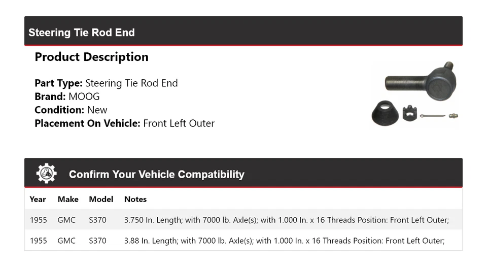 Para GMC S370 1955 extremo de barra de dirección delantero izquierdo exterior MOOG Foto 2 de 4