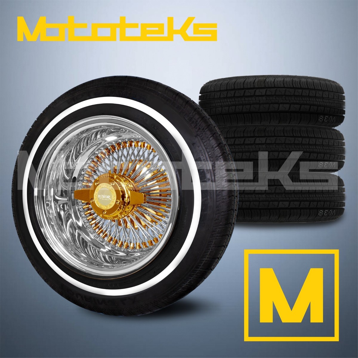 13X7 LUXOR WIRE WHEELS 100 STRAIGHT REV RIMS TRIPLE GOLD WITH TIRE