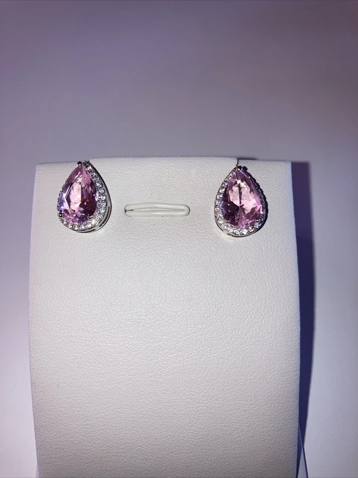 Tear Drop Pink Sapphire Earrings in White CZ Halo - Image 4 of 4