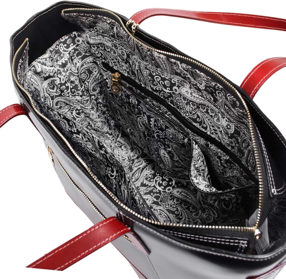 Bolso de Mano McKlein de Cuero para Damas con Bolsillo para Tableta - SERAFINA | Negro y Rojo Foto 2 de 4