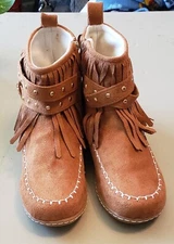 Women Shoes Size 9 Brown Ankle Moccasin Bootie Fringe side Zip Hard Sole
