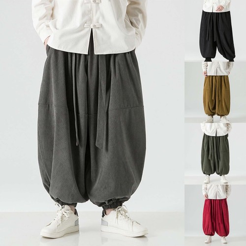 Men Harem Pants Loose Elastic Waist Large Pockets Design Hippie Yoga Drop Pants