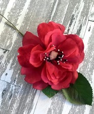 Antique Vintage Millinery Velvet Silk Rose with Green Leaves