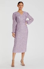 New Mac Duggal Womens 8 Sequined Illusion Puff Sleeve Midi Sheath Dress 107641