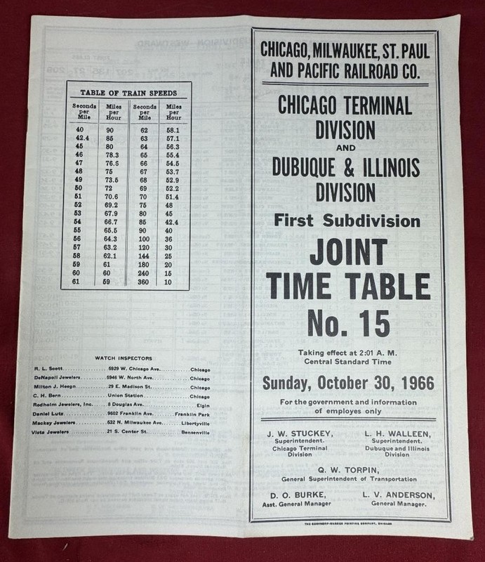 1966 Chicago Milwaukee St Paul & Pacific RR Chicago Term & D&I Divs. Employee TT