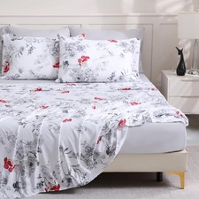 Floral Queen Size Bed Sheet Set 6 Piece Deep Pocket Light Grey Crimson