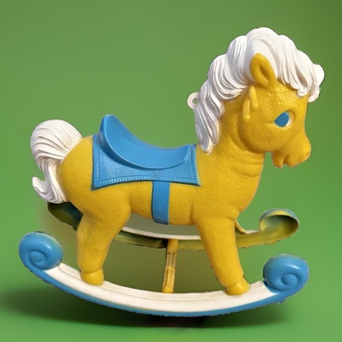 Vintage Mid-Century Molded Plastic Rocking Horse Yellow & Blue Retro Toy 1950s