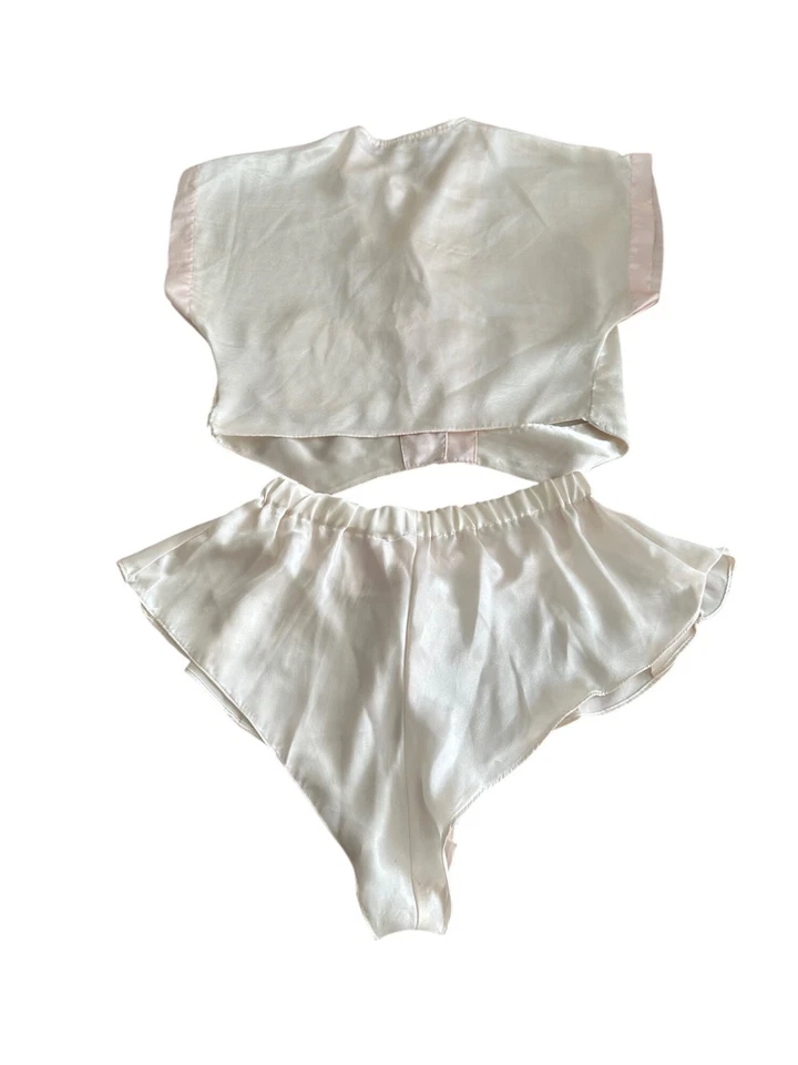 Conjunto de pijama vintage Apostrophe íntimo satinado marfil rosa bordado bolsillo DEFECTUOSO Foto 2 de 4