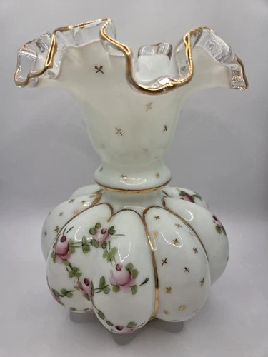 Fenton Painted Art Glass Vase, Ruffled Rim, White & Pink Rose Floral Design