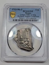 1713 DATED Mexico Cob 4 Reales PCGS F15 Mo J Unique Shape 13.4g *K1028