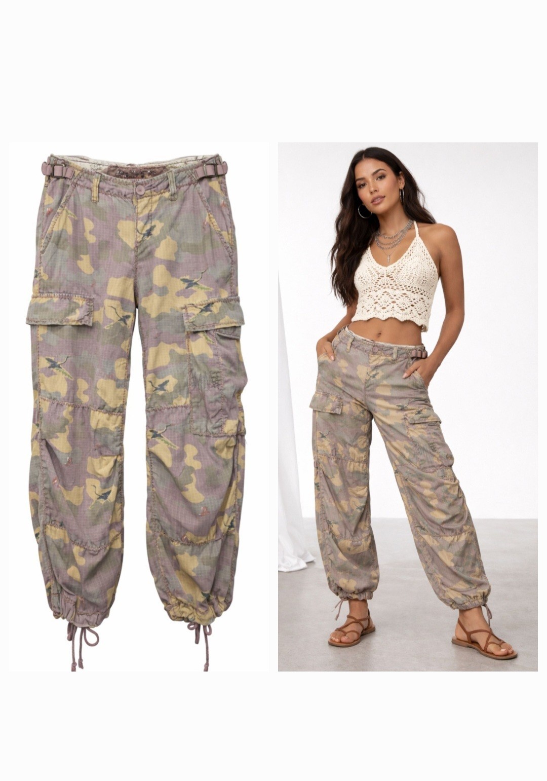 DA-NANG Vintage Y2K Camo Silk Blend Cargo Pants Boho Utility Festival