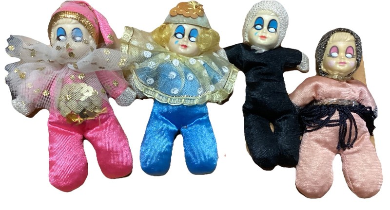 Sleepy Eyed Miniature Harlequin Clowns Plastic Face Ornaments Bean Body Lot of 4