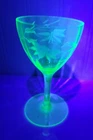 Uranium Depression Glass etched floral pat. 4 3/4" Cordial Stem glass