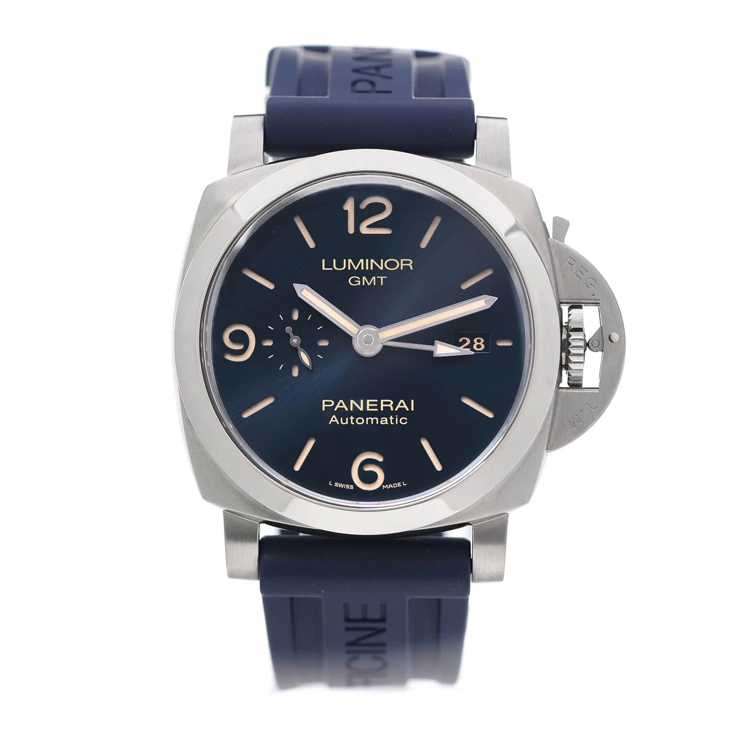 Panerai — Panerai Luminor GMT Stainless Steel With Blue Leather Watch PAM01033NEVER WO...