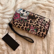 Ed Hardy Zip Around Wallet  Key Ring Set Leopard Floral Tattoo Print,