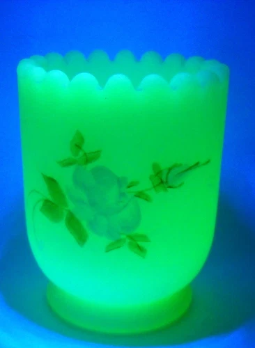 Fenton Hand Painted Signed Uranium Toothpick Holder Custard Glass w/ Blue Rose