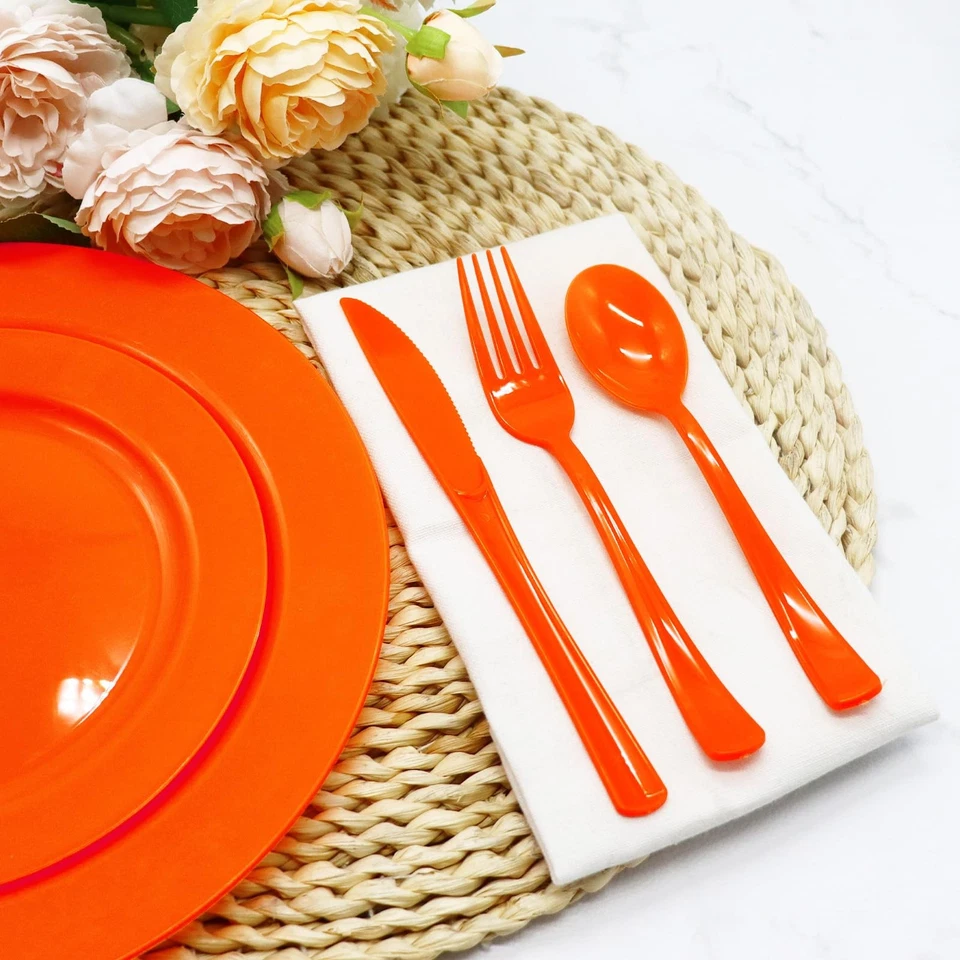 Оранжевые пластиковые столовые приборы серебро упаковка 300 шт., оранжевые пластиковые столовые приборы включают 100 вилок... - Изображение 3 из 4