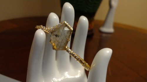Alexis Bittar Yellow Gold Tone Bangle Bracelet with Crystals and Taupe Center