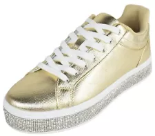 Top Moda Women Flat Platform Sneakers Crystals Rhinestone Bling Lace AERIE Gold